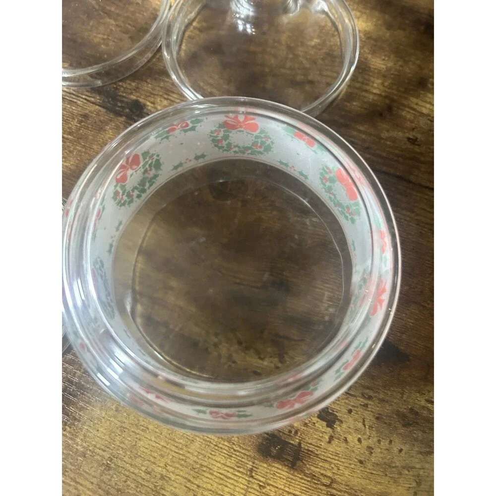 3 Indiana Glass Christmas Gift Jar Candy Nut Clear Glass Lid Wreath Holly Berry